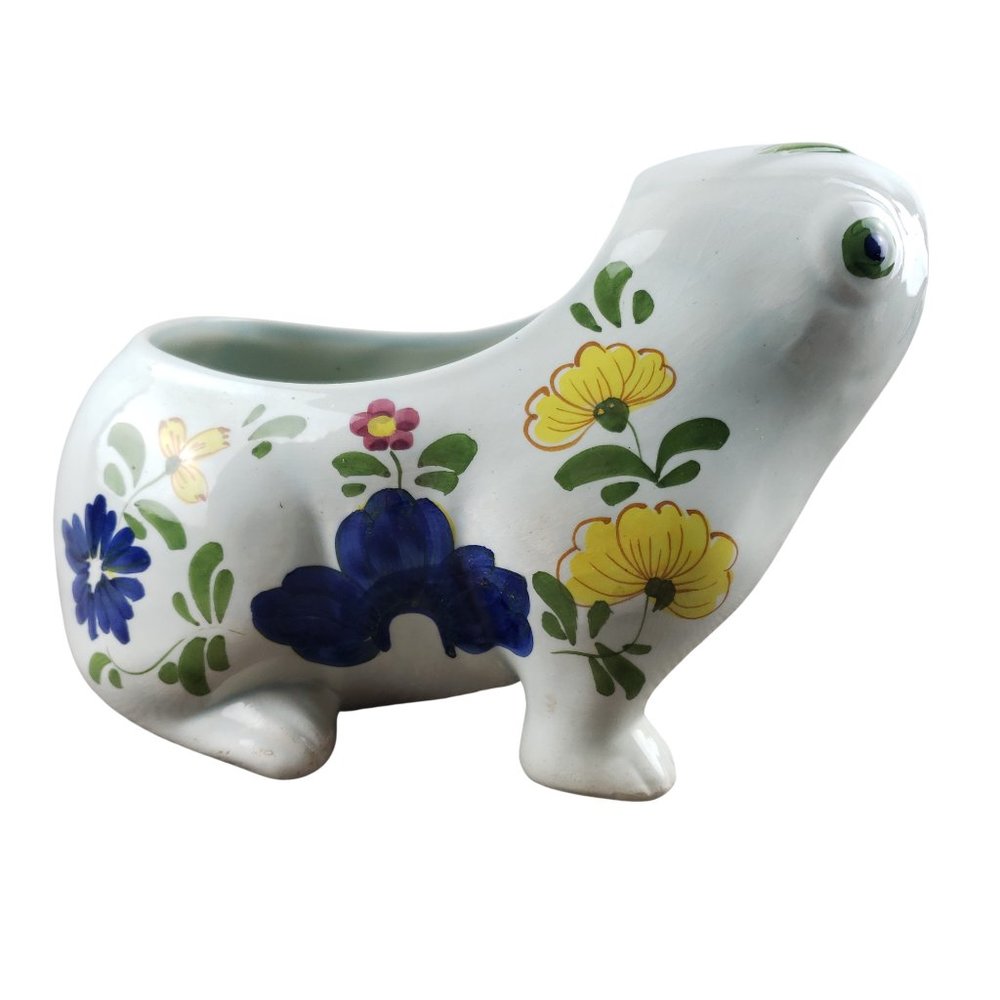 Este Italy Frog Planter Ceramic White Floral Hand Painted